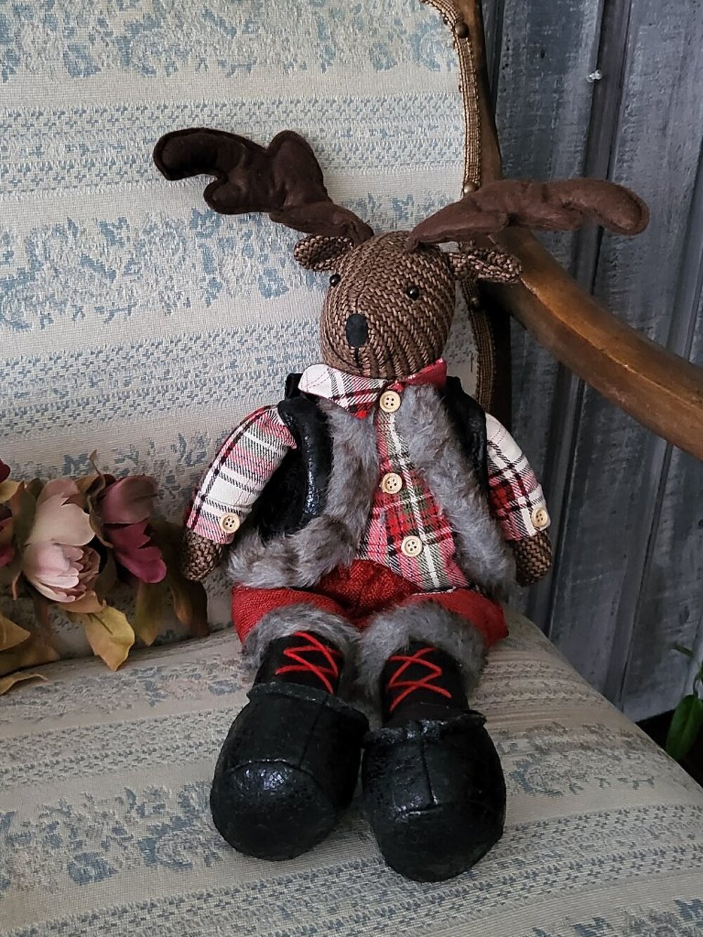 Christmas Moose Shelf Sitter Holiday Plaid Decor 21.5" Tabletop Doll